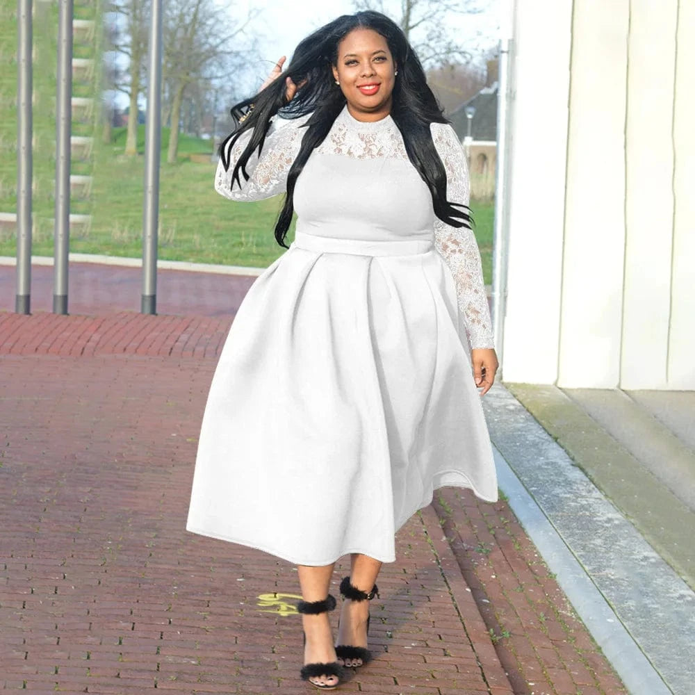 popular products 2024 Spliced lace round neck long sleeve plus size women clothing 2024 elegant dresses