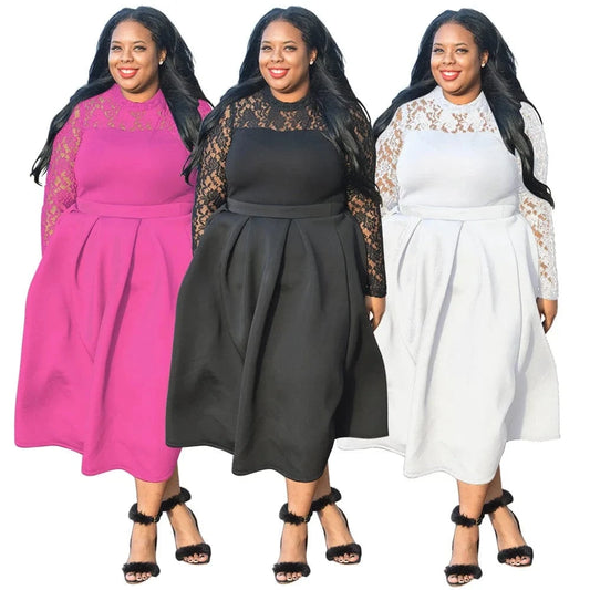 popular products 2024 Spliced lace round neck long sleeve plus size women clothing 2024 elegant dresses