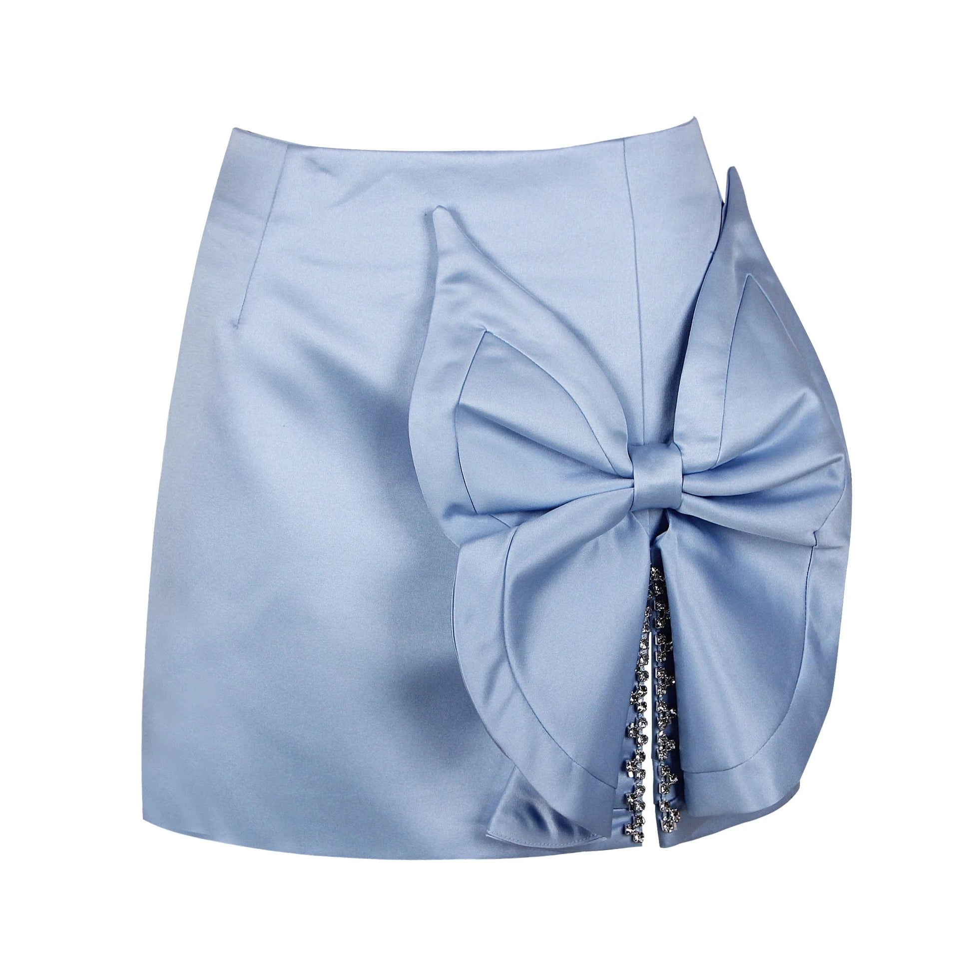 Popular Sky Blue Black Micro Bow-knot Decoration Satin Split Womens Mini Skirt