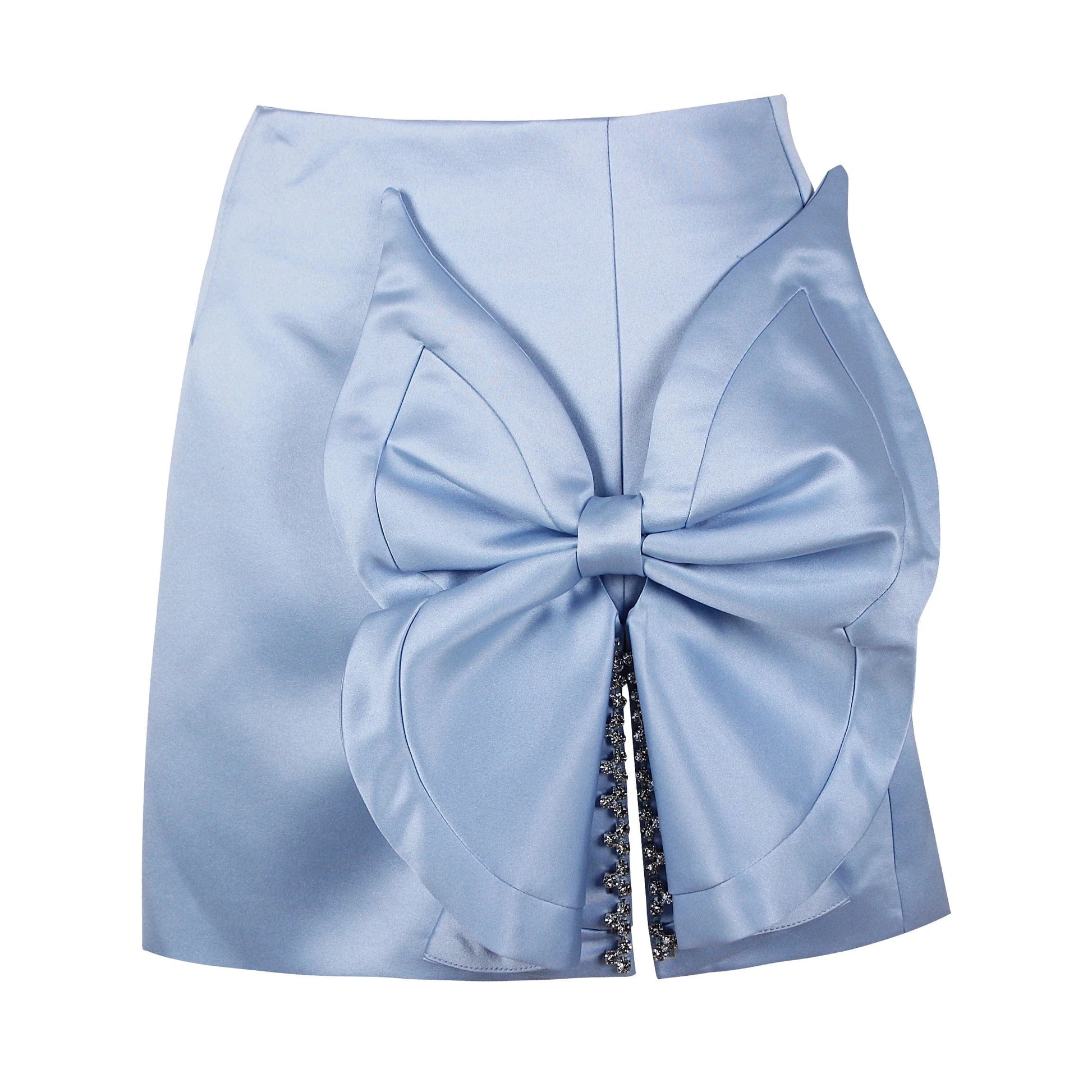 Popular Sky Blue Black Micro Bow-knot Decoration Satin Split Womens Mini Skirt