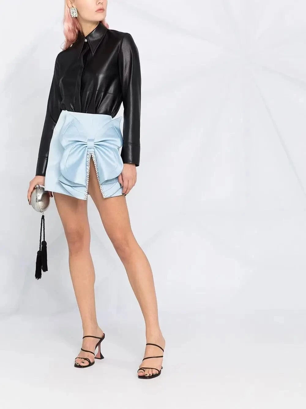 Popular Sky Blue Black Micro Bow-knot Decoration Satin Split Womens Mini Skirt