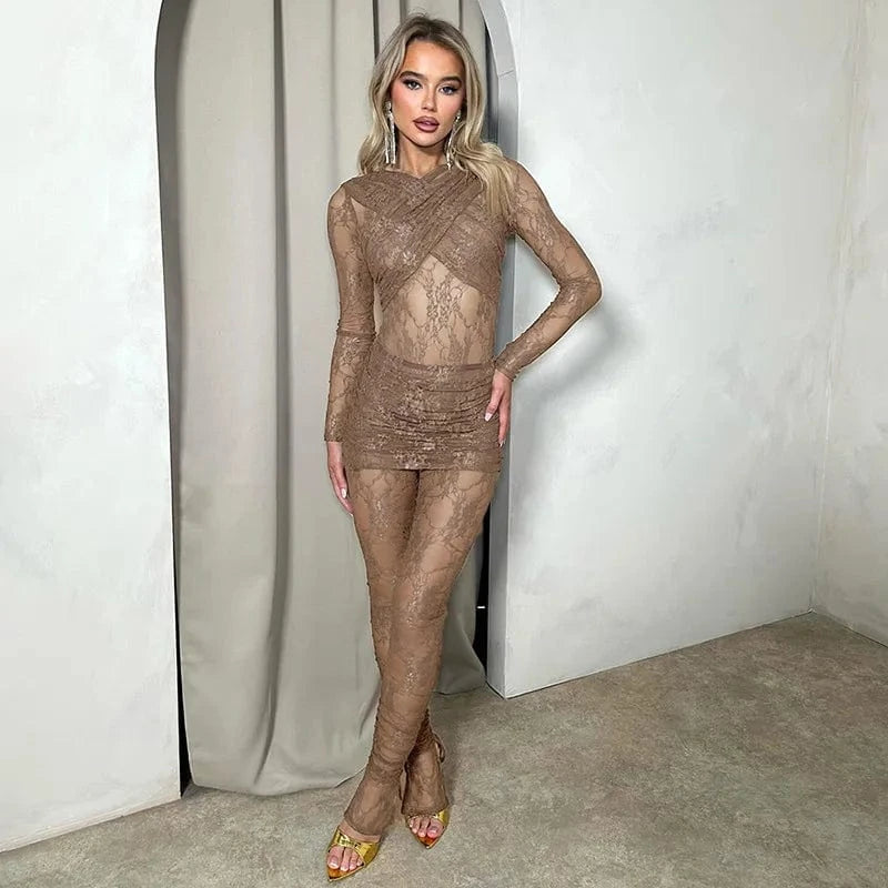 Popular Styles in Stock Tie Long Sleeve Bodycon Sexy Crop Top Skirt Two Piece Set for Women