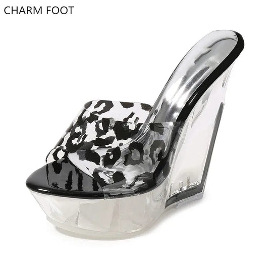 popular summer Leopard Print sexy crystal pvc women platform high heel sandals