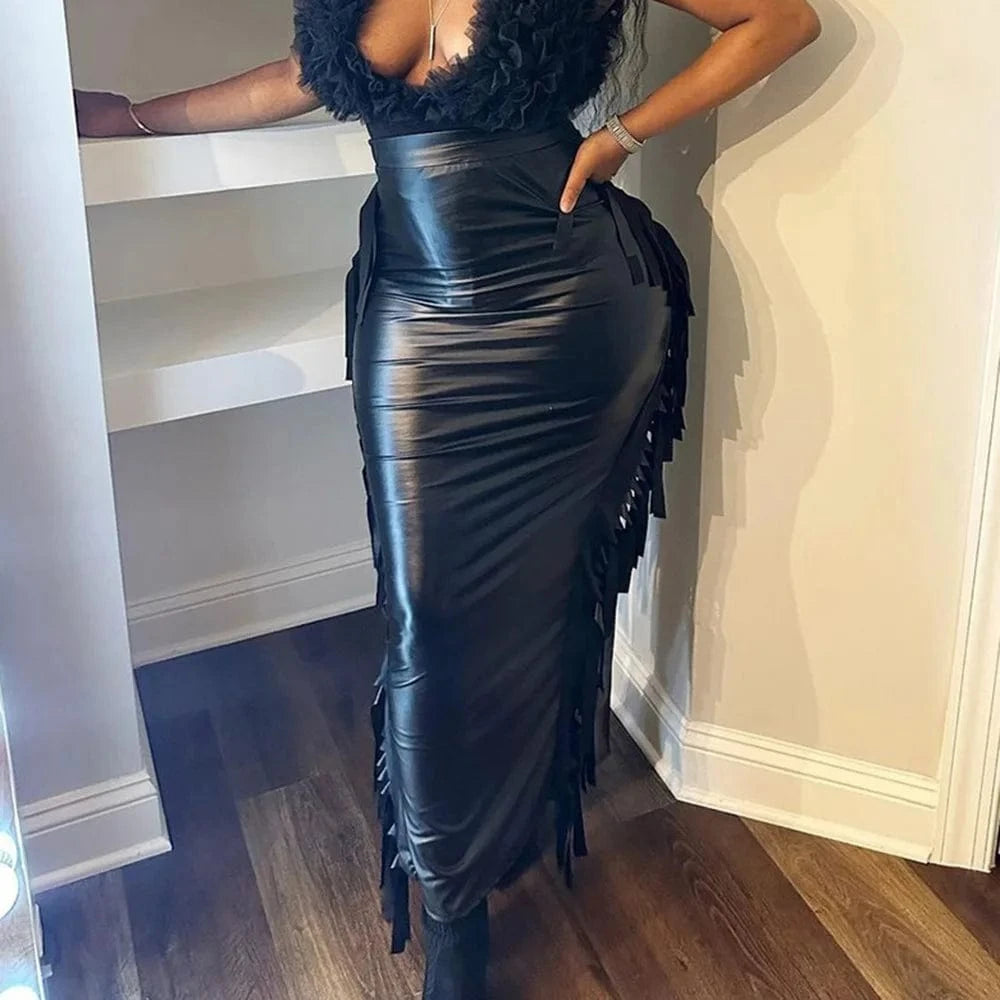Popular Tassel Skirt Sexy Women Clothing Casual Dress Autumn Bodycon PU Skirts with Good Stretch
