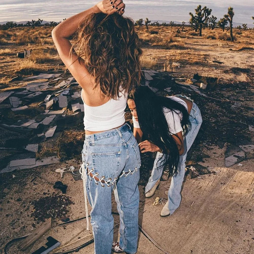 Popular Women's Jeans Denim Pants Trouser Ladies Lace up Jeans  Pants For Women Jeans  Women's Pants & Trousers