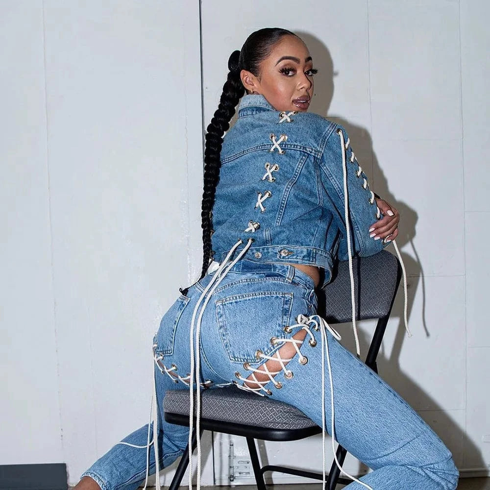Popular Women's Jeans Denim Pants Trouser Ladies Lace up Jeans  Pants For Women Jeans  Women's Pants & Trousers