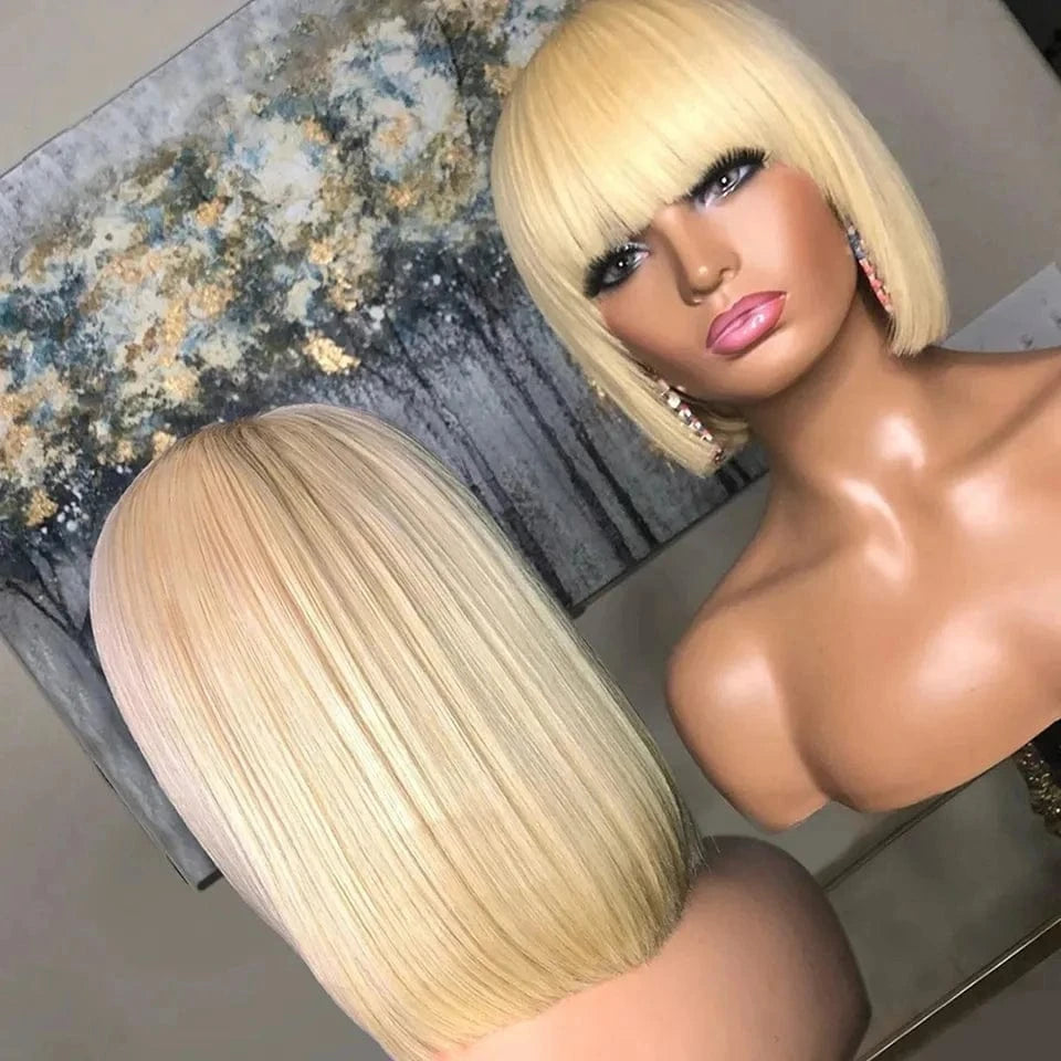 Pre-Plucked Hair Line Brazilian Human Hair 13*4 Lace Front Wig 613 Short Bob With Bang