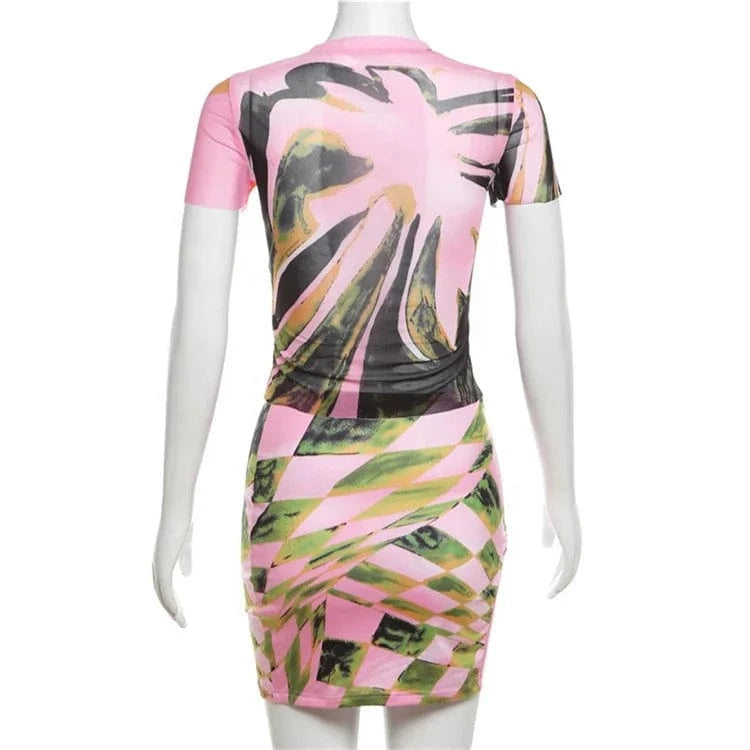 Print 2 Piece Set Women Fashion Short Sleeve O-neck Crop Tees+Side Hollow Matching Skirts Female Stunning Outfits