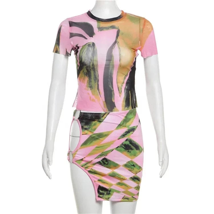 Print 2 Piece Set Women Fashion Short Sleeve O-neck Crop Tees+Side Hollow Matching Skirts Female Stunning Outfits