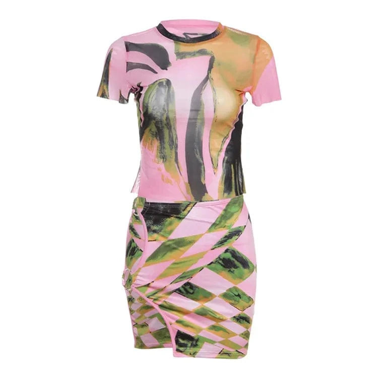 Print 2 Piece Set Women Fashion Short Sleeve O-neck Crop Tees+Side Hollow Matching Skirts Female Stunning Outfits