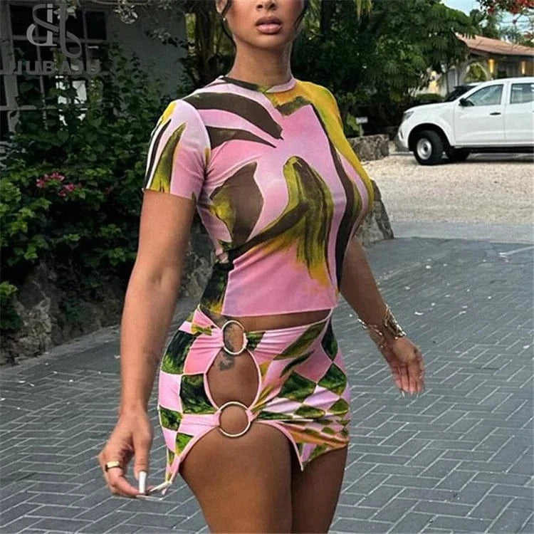 Print 2 Piece Set Women Fashion Short Sleeve O-neck Crop Tees+Side Hollow Matching Skirts Female Stunning Outfits