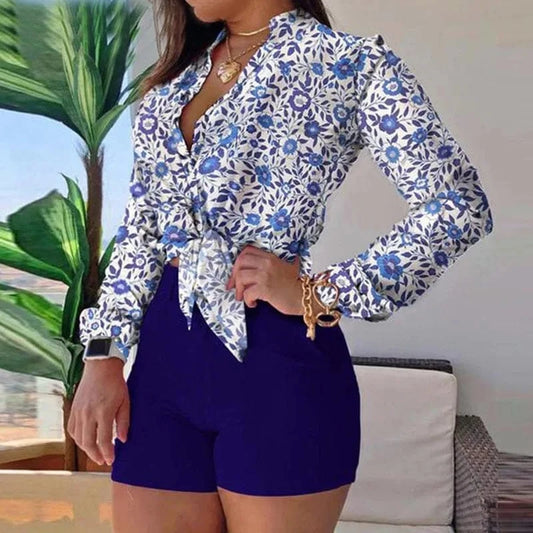 Print Long Sleeve Shirt Loose Shorts Sets for Women Two Piece Summer 2022 Outfits Sets Two Piece Blouse Shorts Set Women