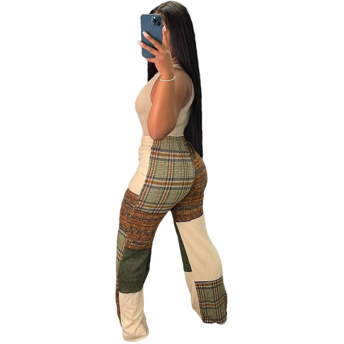 Print Plaid Bottom Ladies Casual Designer Pants Straight Plaid Pants for Female Ladies Loose Casual Plaid Patchwork Pants