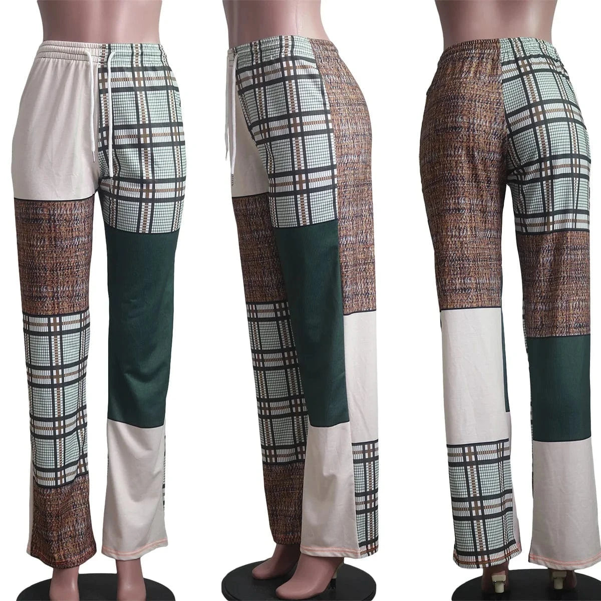 Print Plaid Bottom Ladies Casual Designer Pants Straight Plaid Pants for Female Ladies Loose Casual Plaid Patchwork Pants