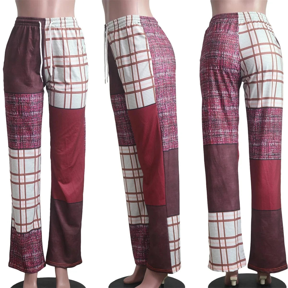 Print Plaid Bottom Ladies Casual Designer Pants Straight Plaid Pants for Female Ladies Loose Casual Plaid Patchwork Pants