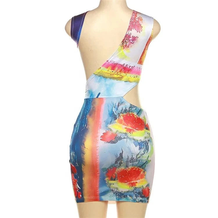Print Sleeveless Backless Hollow Out Sexy Slim Mini Dress 2024 Summer Women Fashion Dress