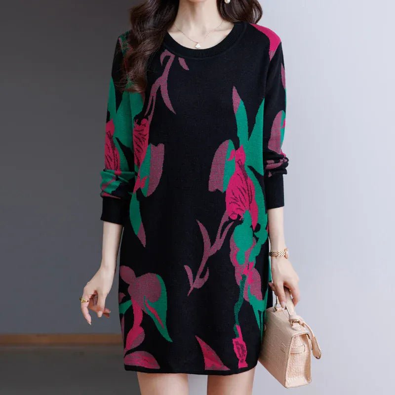 Print Sweater Dress Woman 2025 Autumn Winter Pullover Femme Women Clothing Long Sleeve Top Casual Long Knitwear Sweaters - SN Wigs & More