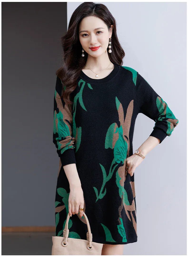 Print Sweater Dress Woman 2025 Autumn Winter Pullover Femme Women Clothing Long Sleeve Top Casual Long Knitwear Sweaters - SN Wigs & More