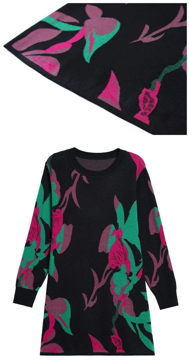 Print Sweater Dress Woman 2025 Autumn Winter Pullover Femme Women Clothing Long Sleeve Top Casual Long Knitwear Sweaters - SN Wigs & More