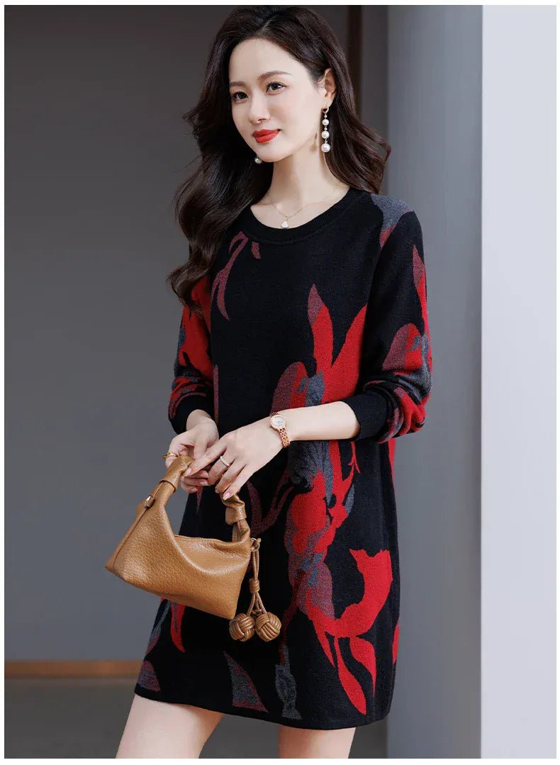 Print Sweater Dress Woman 2025 Autumn Winter Pullover Femme Women Clothing Long Sleeve Top Casual Long Knitwear Sweaters - SN Wigs & More