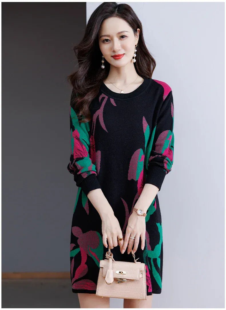 Print Sweater Dress Woman 2025 Autumn Winter Pullover Femme Women Clothing Long Sleeve Top Casual Long Knitwear Sweaters - SN Wigs & More