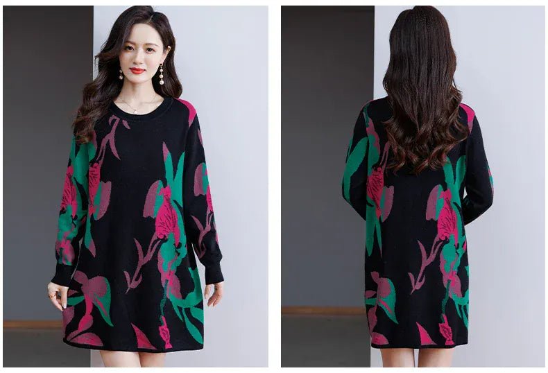 Print Sweater Dress Woman 2025 Autumn Winter Pullover Femme Women Clothing Long Sleeve Top Casual Long Knitwear Sweaters - SN Wigs & More