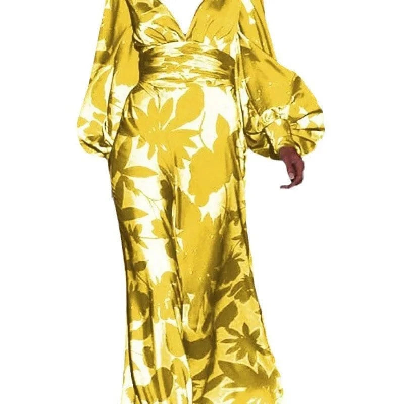 Printed Dress For Women V-neck Sexy High Waist Lantern Sleeve Ladies Fashionable Vestidos Autumn New Long Evening Dresses