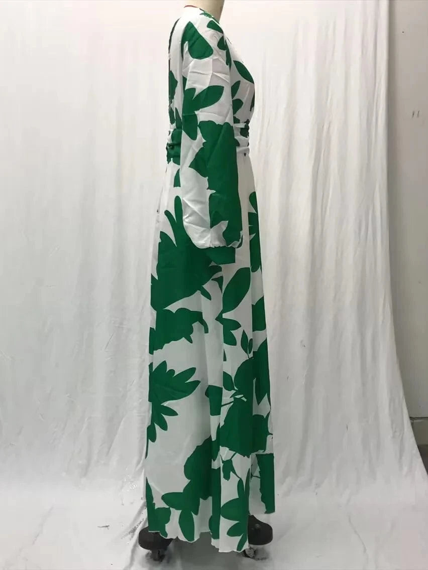 Printed Dress For Women V-neck Sexy High Waist Lantern Sleeve Ladies Fashionable Vestidos Autumn New Long Evening Dresses