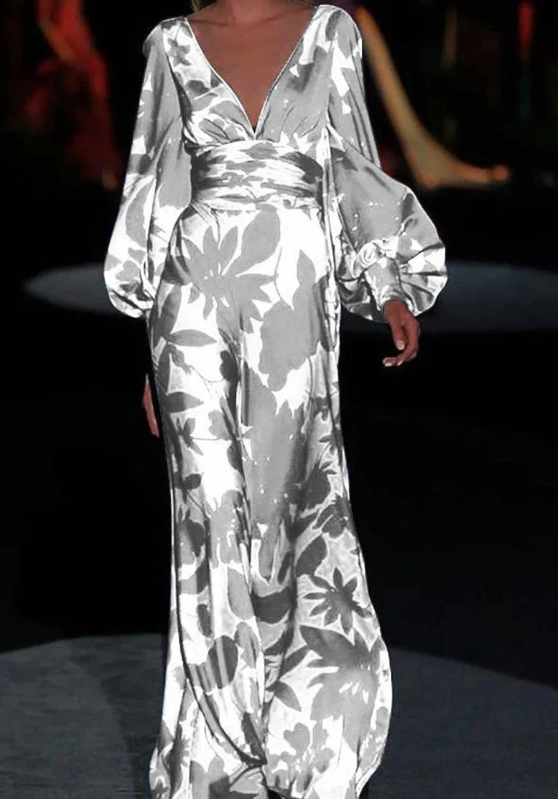 Printed Dress For Women V-neck Sexy High Waist Lantern Sleeve Ladies Fashionable Vestidos Autumn New Long Evening Dresses