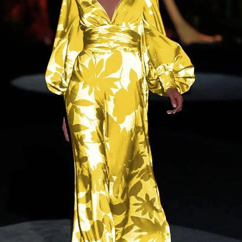 Printed Dress For Women V-neck Sexy High Waist Lantern Sleeve Ladies Fashionable Vestidos Autumn New Long Evening Dresses