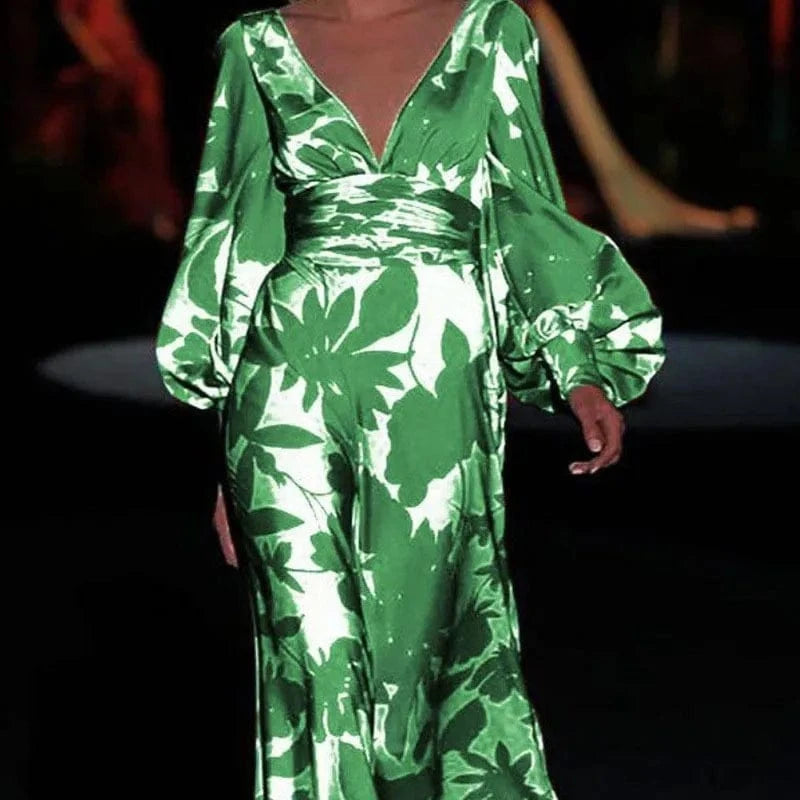 Printed Dress For Women V-neck Sexy High Waist Lantern Sleeve Ladies Fashionable Vestidos Autumn New Long Evening Dresses