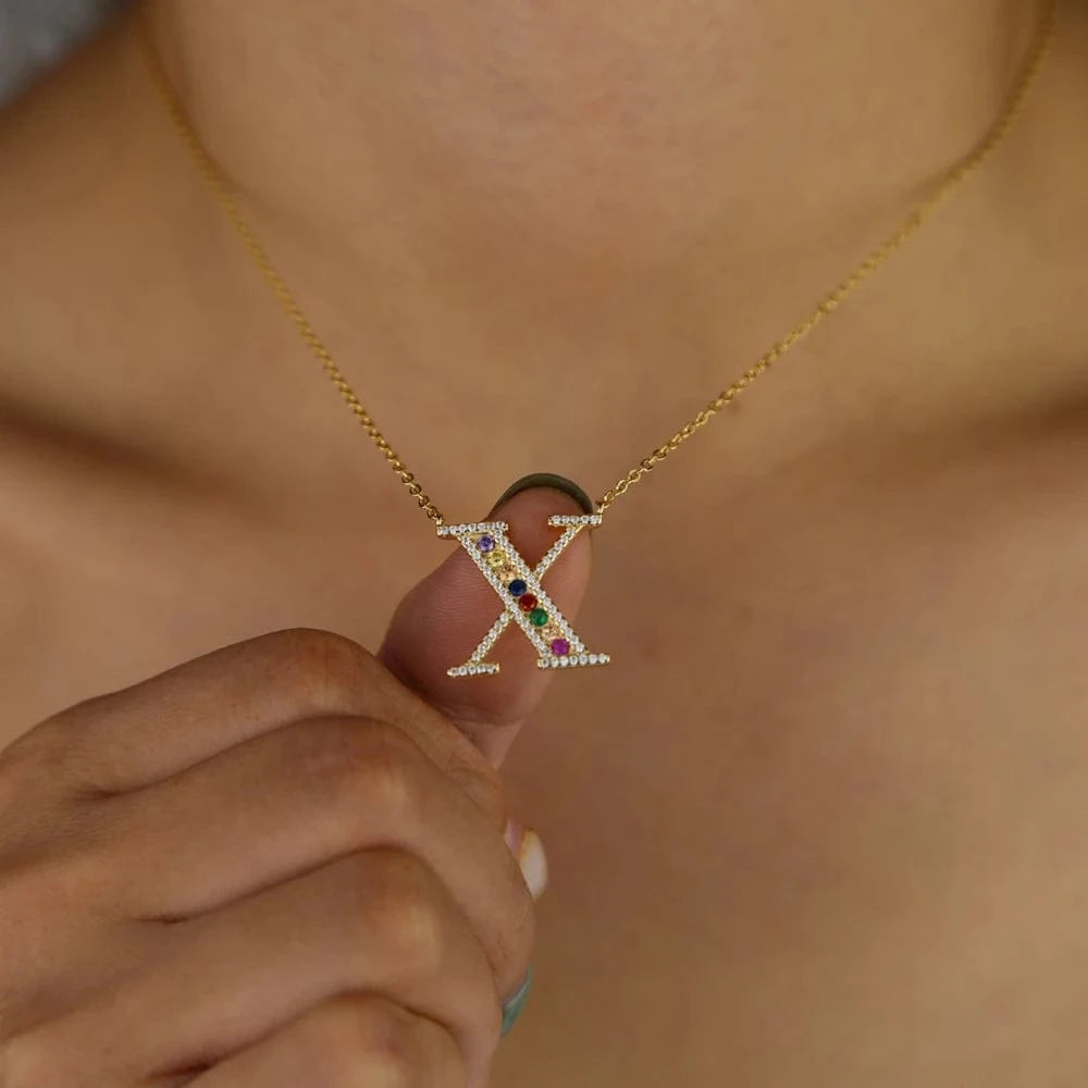 Promotion 2024 Factory Customize Personalized Name Jewelry Rainbow White CZ 26 Alphabet Letter Necklace