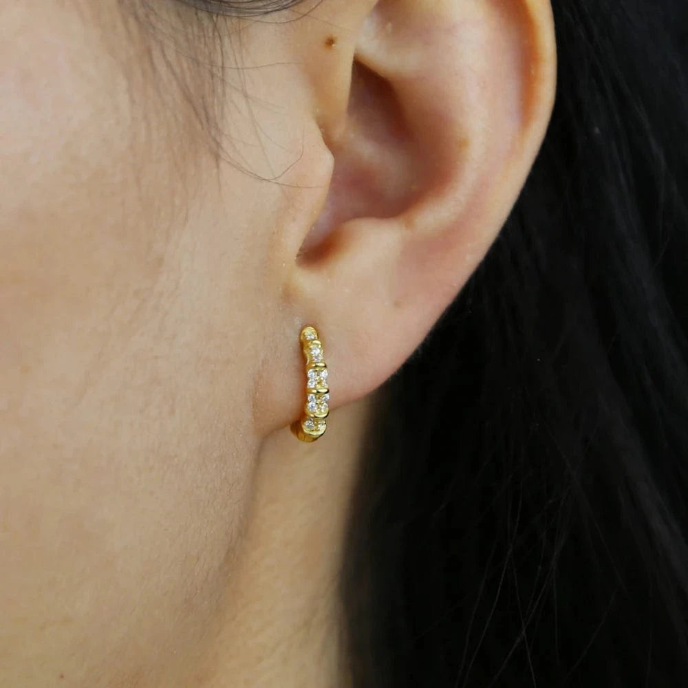 Promotion 925 Sterling Silver Bamboo CZ Hoop Earring Bling Gold Plated Women Jewelry