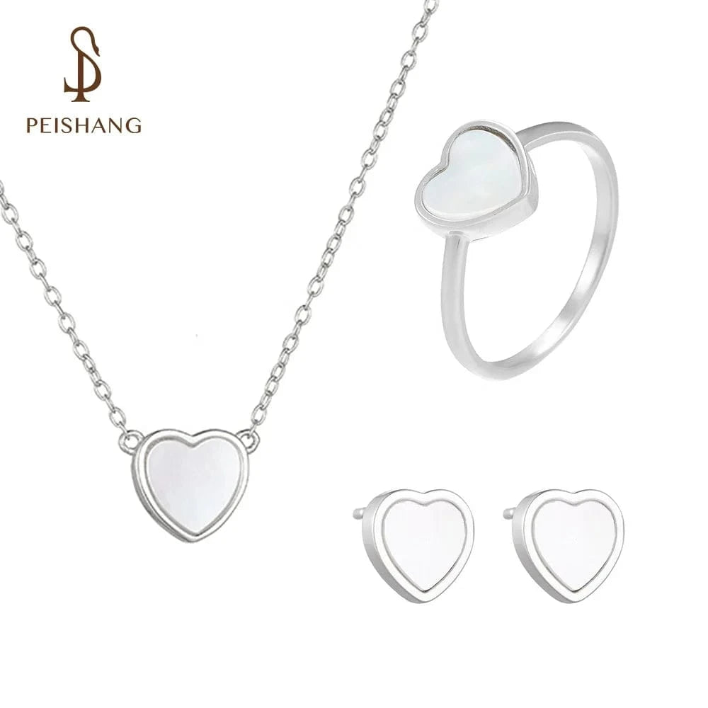 psj Original Elegant simple heart Fine Jewelry set 925 Sterling Silver shell earrings necklace Ring for Women Anniversary