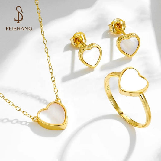 psj Original Elegant simple heart Fine Jewelry set 925 Sterling Silver shell earrings necklace Ring for Women Anniversary