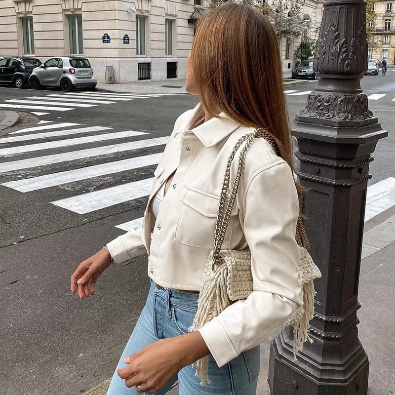 PU Artificial Leather Jacket Motorcycle Short Crop Snap Jacket Outfit Coat Leather Jacket Women 2024