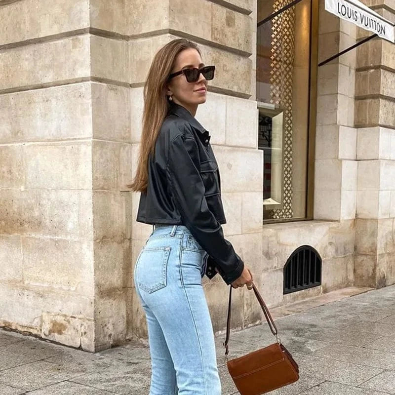 PU Artificial Leather Jacket Motorcycle Short Crop Snap Jacket Outfit Coat Leather Jacket Women 2024