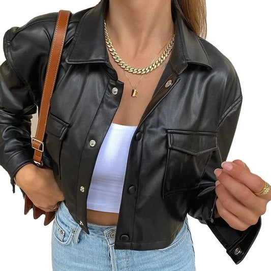 PU Artificial Leather Jacket Motorcycle Short Crop Snap Jacket Outfit Coat Leather Jacket Women 2024