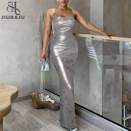 Pu Leather Butterfly Print Slips Backless Sexy Bodycon Maxi Prom Dress 2024 Spring Women
