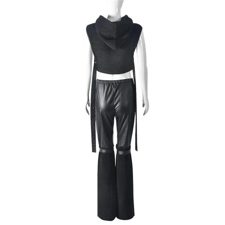 PU Leather Pant Suits Sexy Club Outfits for Women  2024  Wool Vest ana Bandage Pants 2 Piece Set
