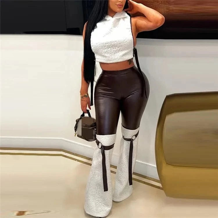PU Leather Pant Suits Sexy Club Outfits for Women  2024  Wool Vest ana Bandage Pants 2 Piece Set