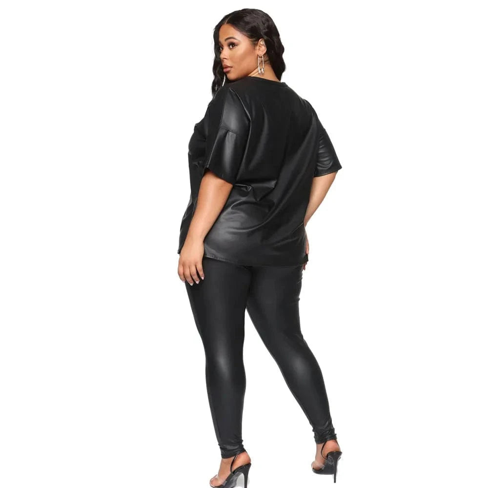 PU Two Piece Pants Sets 5xl Plus Size Women Clothing Streetwear Short Sleeve Black Tshirt Legging Pants 2 Piece Set Women