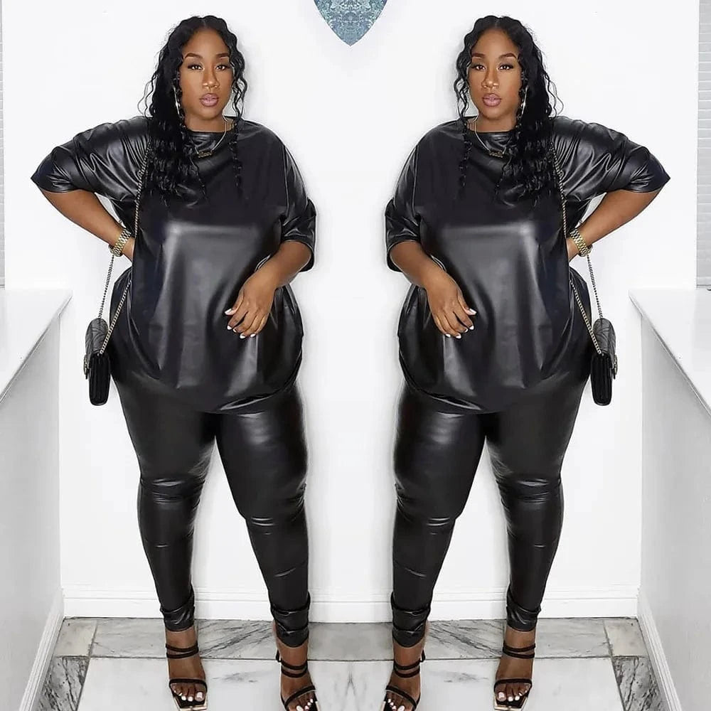 PU Two Piece Pants Sets 5xl Plus Size Women Clothing Streetwear Short Sleeve Black Tshirt Legging Pants 2 Piece Set Women