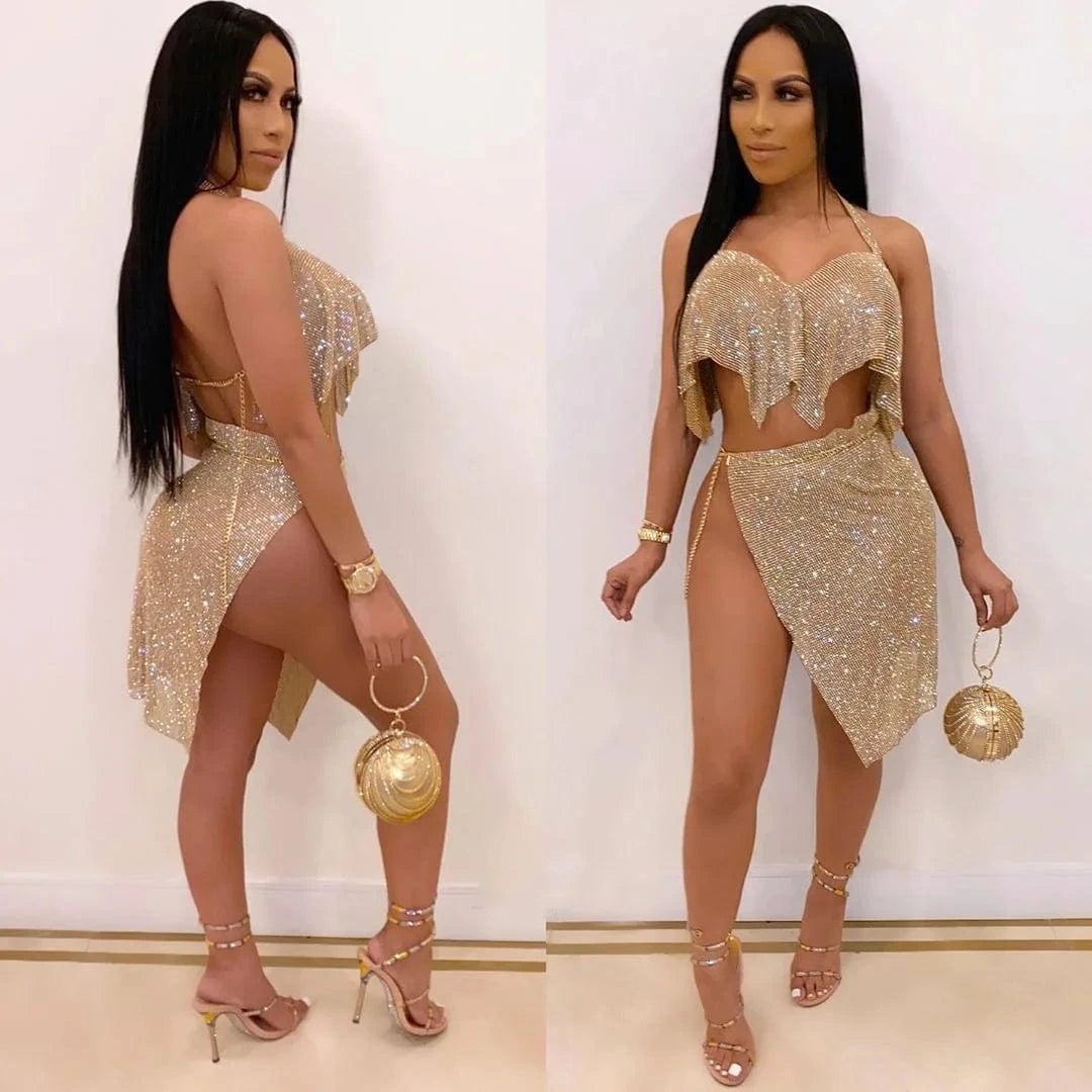 Pullover halter top bright silk chain skirt party suit two-piece female casual sequined two-piece skirt