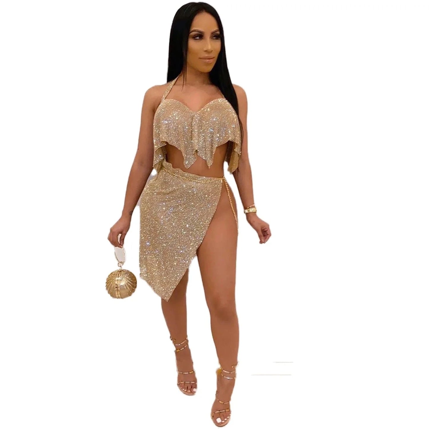 Pullover halter top bright silk chain skirt party suit two-piece female casual sequined two-piece skirt