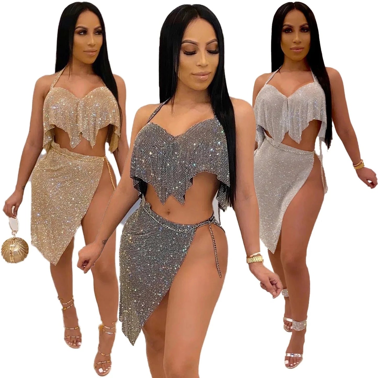Pullover halter top bright silk chain skirt party suit two-piece female casual sequined two-piece skirt