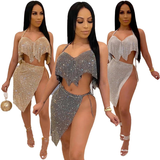 Pullover halter top bright silk chain skirt party suit two-piece female casual sequined two-piece skirt