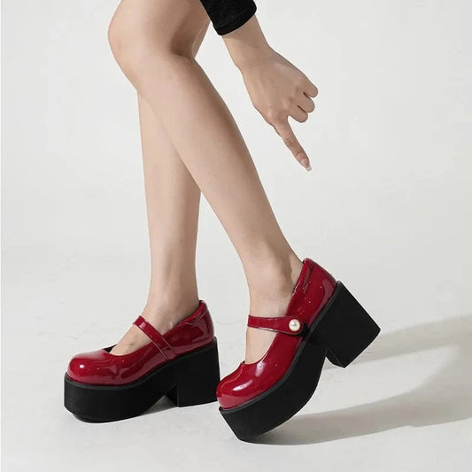 Punk Platform Patent Leather Women Pumps Thick Bottom High Heels Red Mary Jane Shoes Japanese Style Lolita Shoes Big Size 42