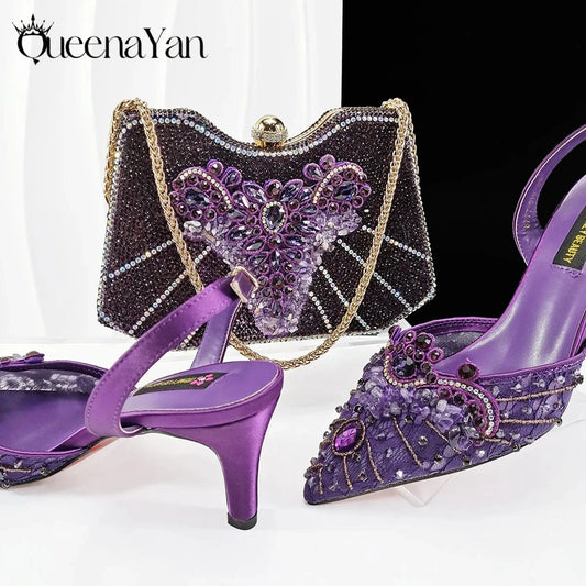Purple / 43 / CHINA Queena Yan Women High Heel Party For Purple Color Shoes and Bag Set Rhinestone Handbag Italian Design Wedding INS 2025