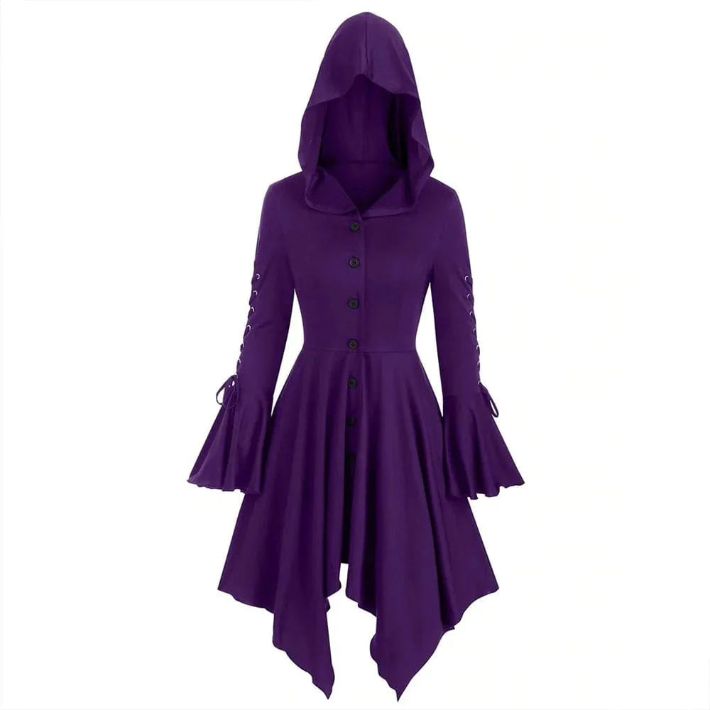 PURPLE / L Halloween Women's Gothic Hooded Ruffle Flared Sleeve Lace Up Cloak Cape Tunic Tops Ladies Party Witch Costume Size S-2XL